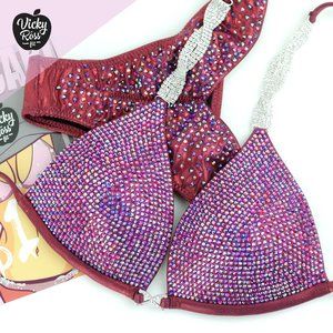 Pro Multi Color Wine Burgundy Crystal Bikini Suit